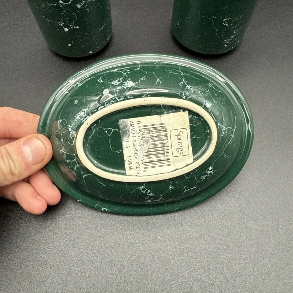 Green Marble Soap Dish Tumbler Toothbrush Holder Bathroom Set Vintage Gold Rim‎